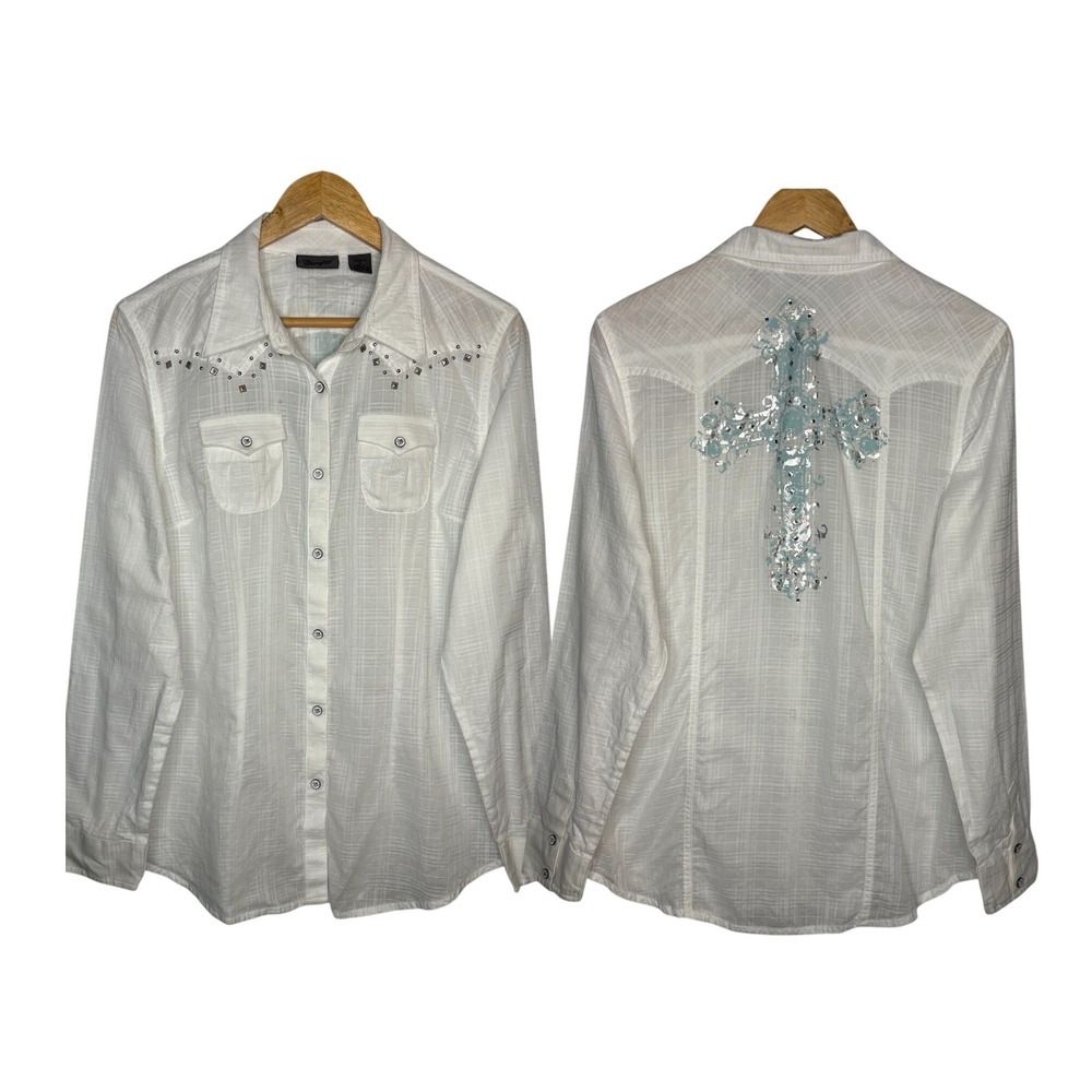 Wrangler White Western Snap Front Embellished‎ Cross Shirt Women Size Large